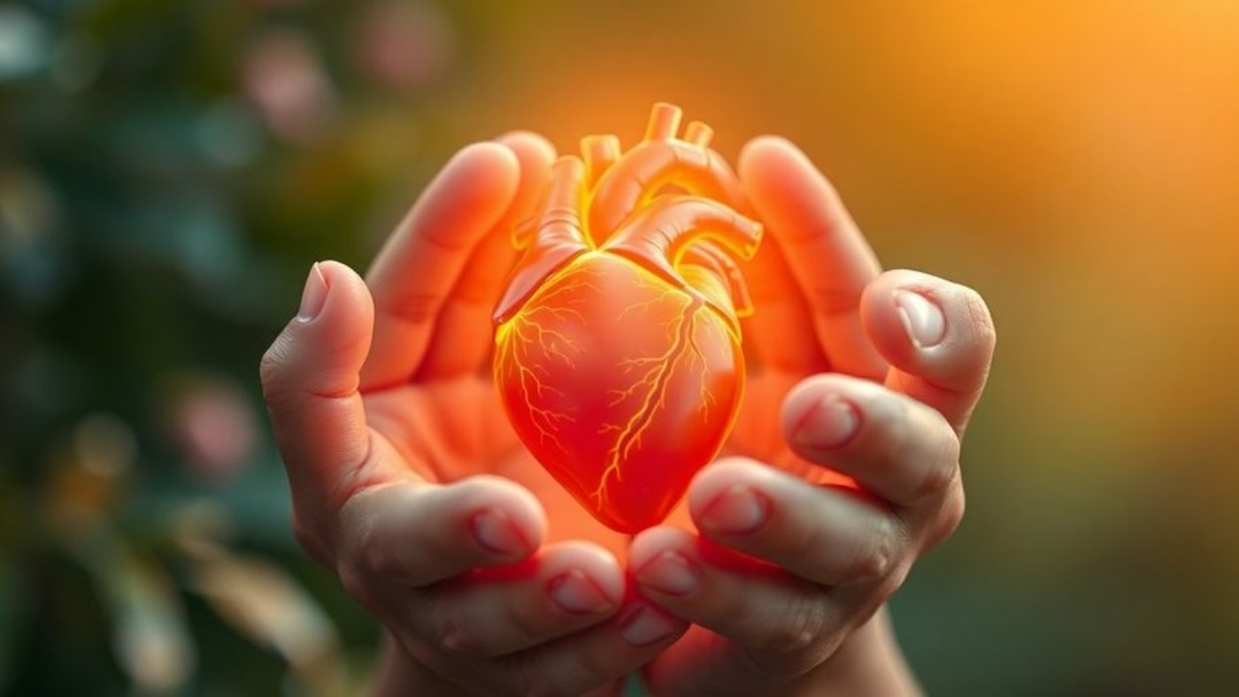 Hands holding a glowing anatomical heart in soft light.