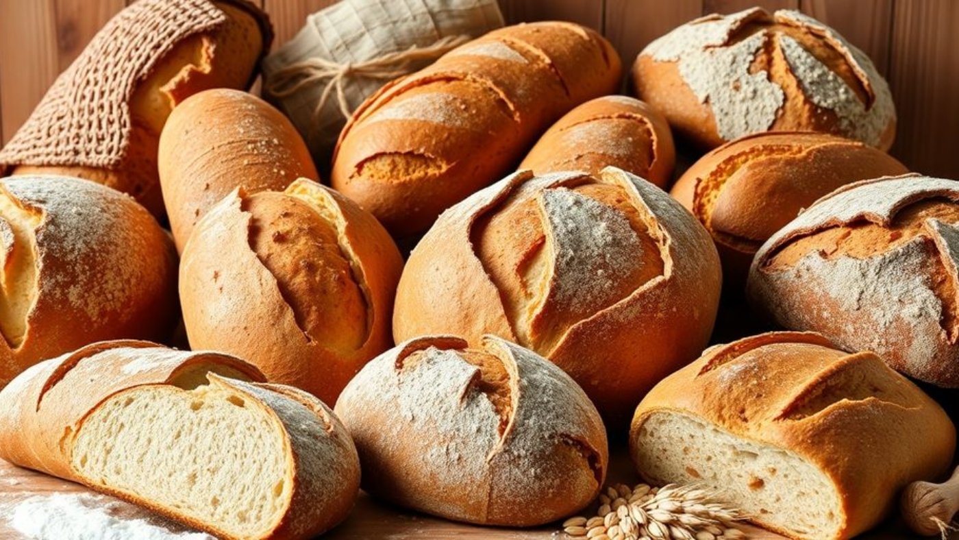 Freshly baked artisan bread loaves on a rustic table.