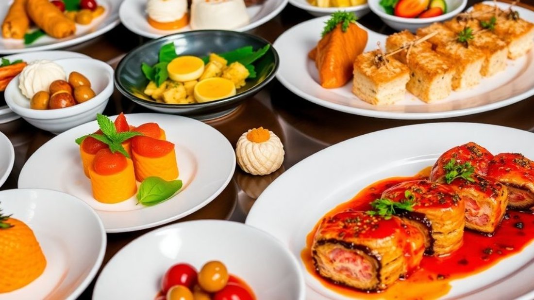 Colorful gourmet dishes elegantly arranged on a table.