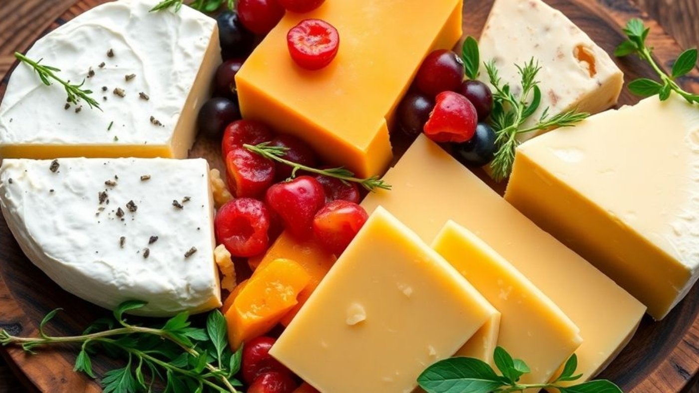 A variety of organic cheeses on a wooden platter.