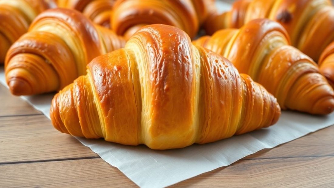 Freshly baked croissants on a wooden table.