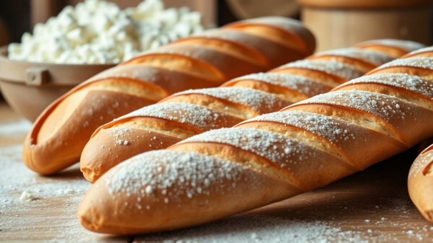 Freshly baked baguettes on a wooden table.