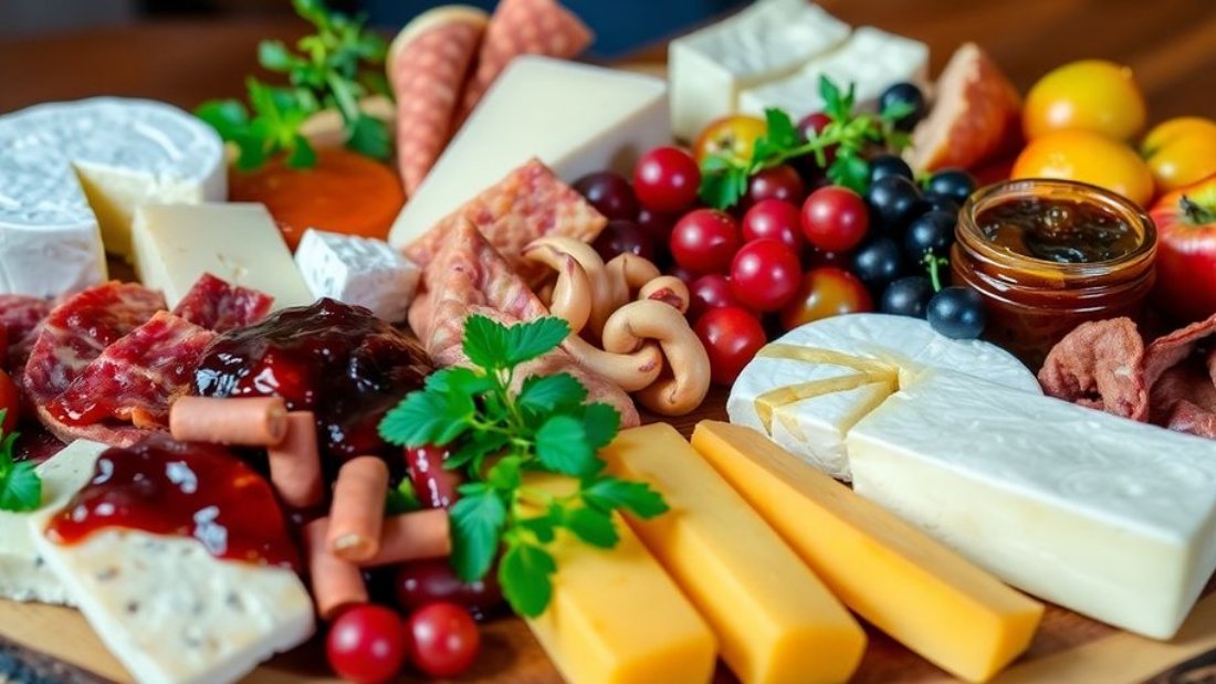 Gourmet cheeses and charcuterie on a wooden board.