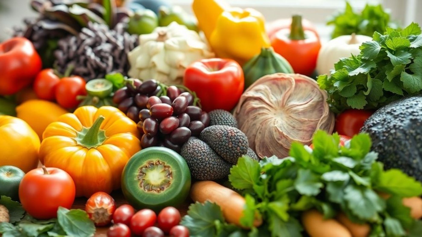 Fresh organic fruits and vegetables on a wooden table.