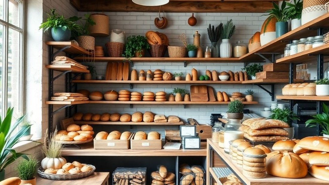 Artisanal bread and pastries in a cozy boulangerie.