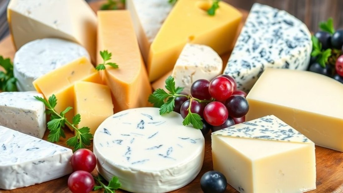 An array of colorful French cheeses on a wooden board.